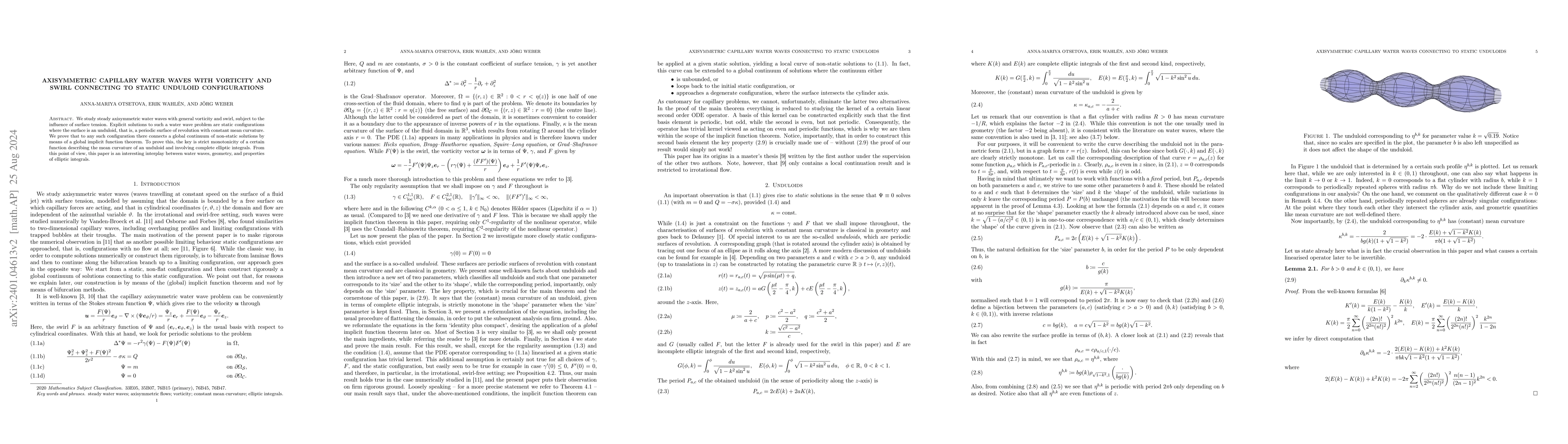 Thumbnail for Axisymmetric capillary water waves with vorticity and swirl connecting
  to static unduloid configurations