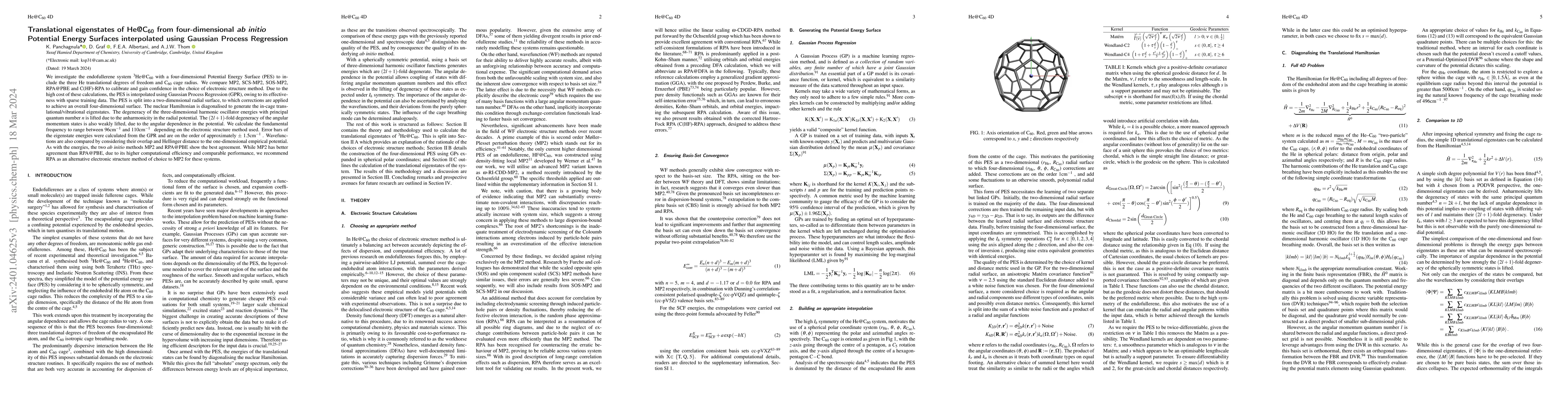 Thumbnail for Translational eigenstates of He@C$_{60}$ from four-dimensional
  \textit{ab initio} Potential Energy Surfaces interpolated using Gaussian
  Process Regression