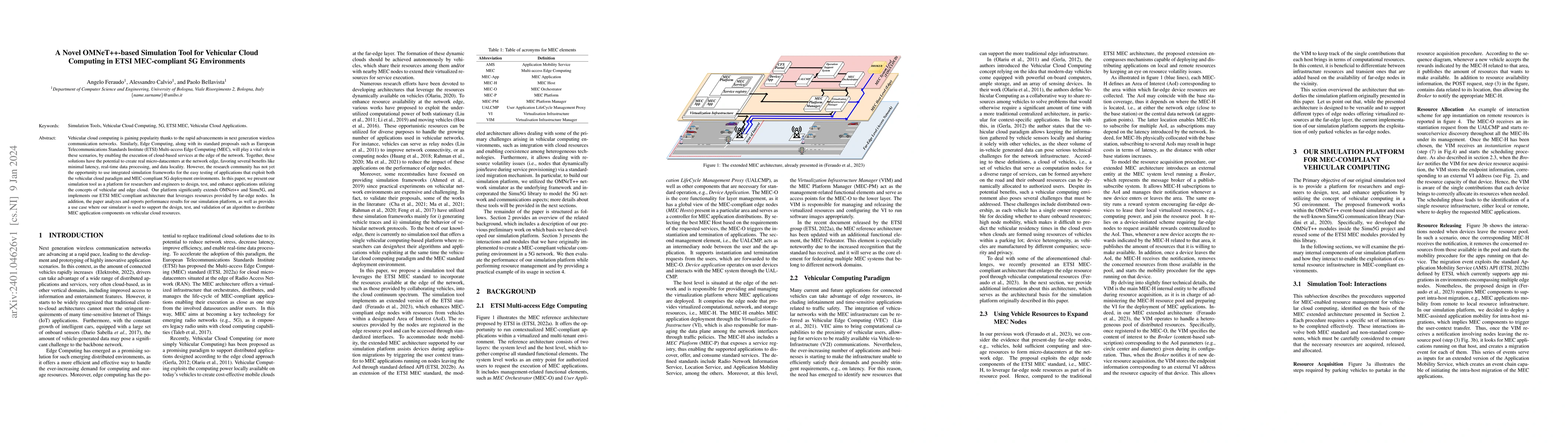 Thumbnail for A Novel OMNeT++-based Simulation Tool for Vehicular Cloud Computing in
  ETSI MEC-compliant 5G Environments