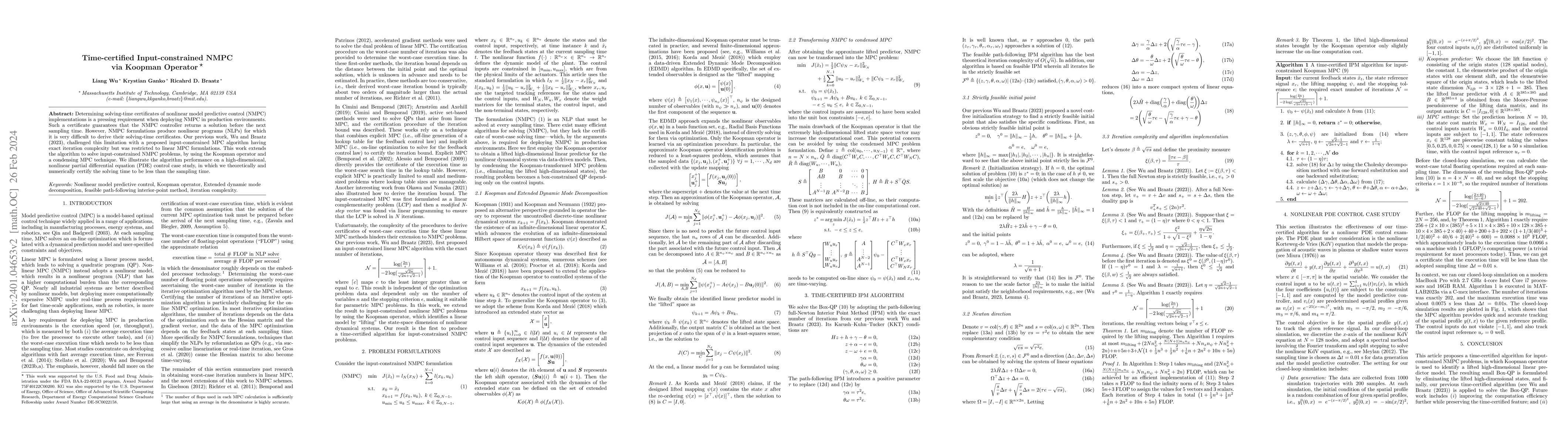 Thumbnail for Time-certified Input-constrained NMPC via Koopman Operator