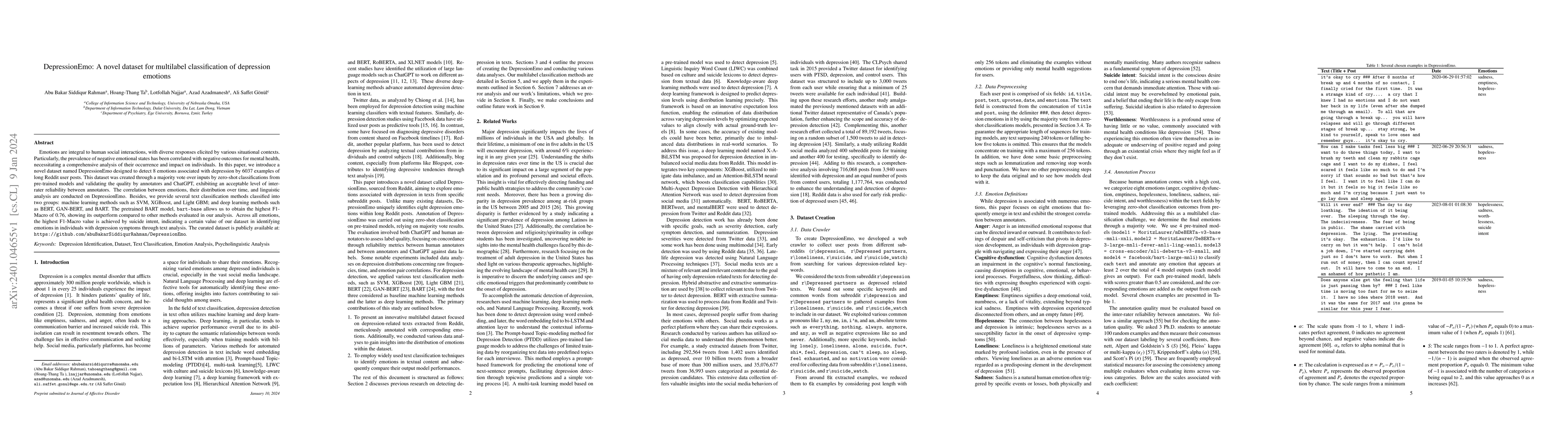 Thumbnail for DepressionEmo: A novel dataset for multilabel classification of
  depression emotions
