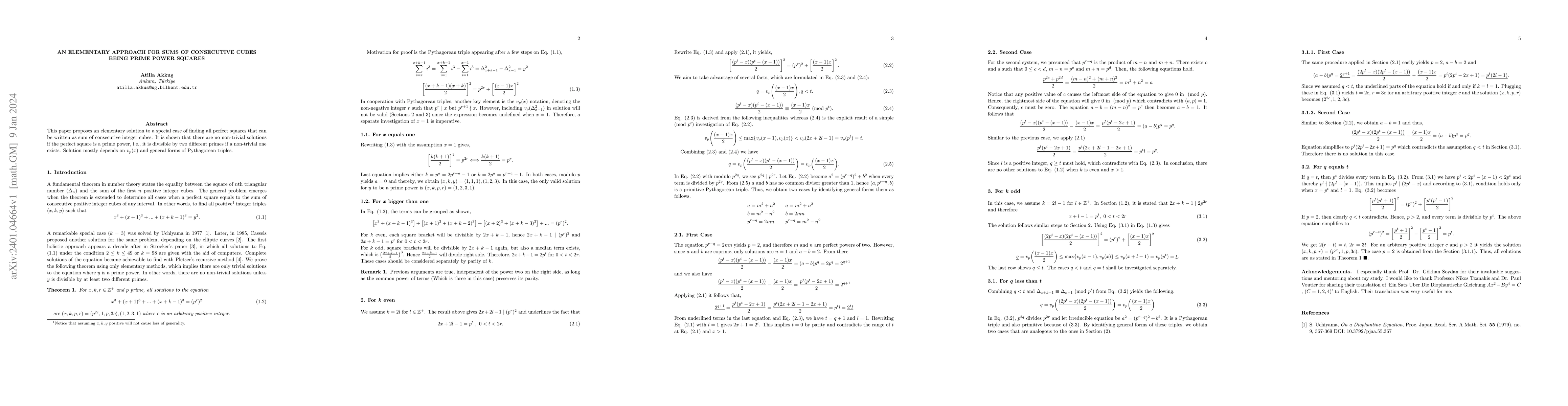 Thumbnail for An Elementary Approach For Sums Of Consecutive Cubes Being Prime Power
  Squares
