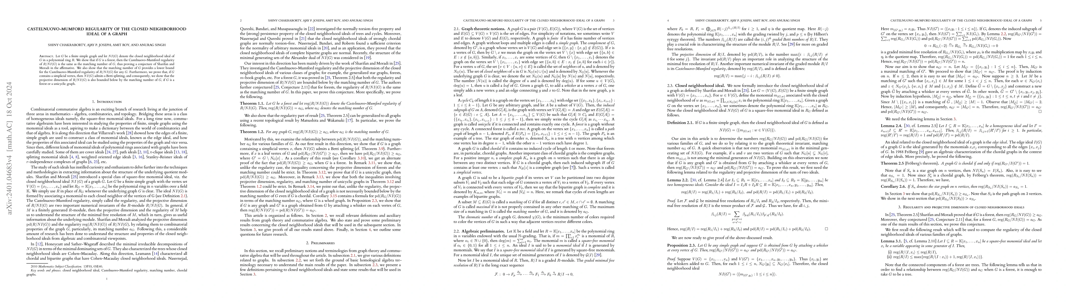 Thumbnail for Castelnuovo-Mumford regularity of the closed neighborhood ideal of a
  graph