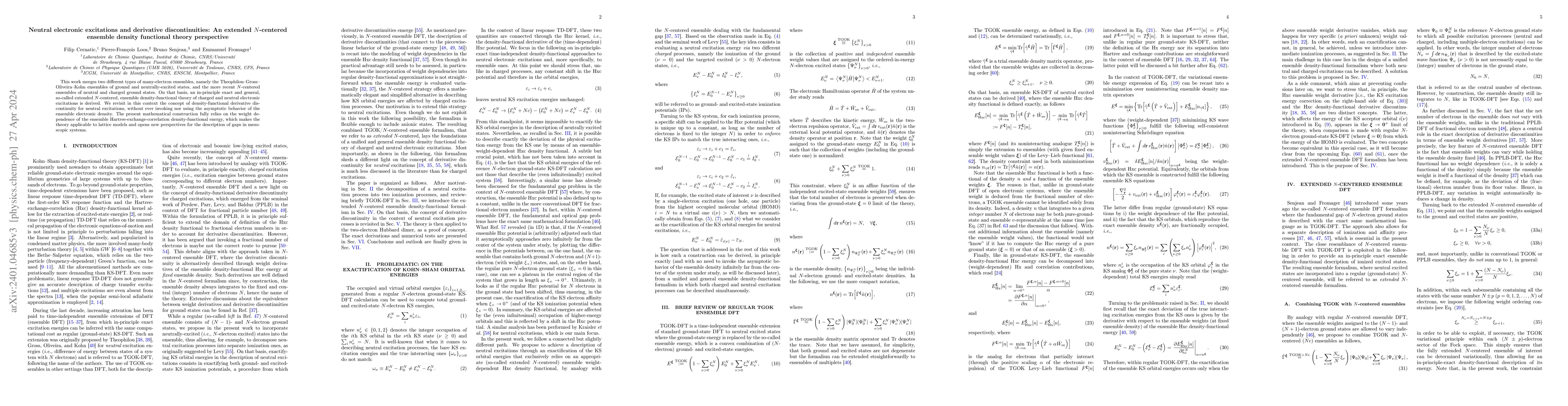 Thumbnail for Neutral electronic excitations and derivative discontinuities: An
  extended $N$-centered ensemble density functional theory perspective
