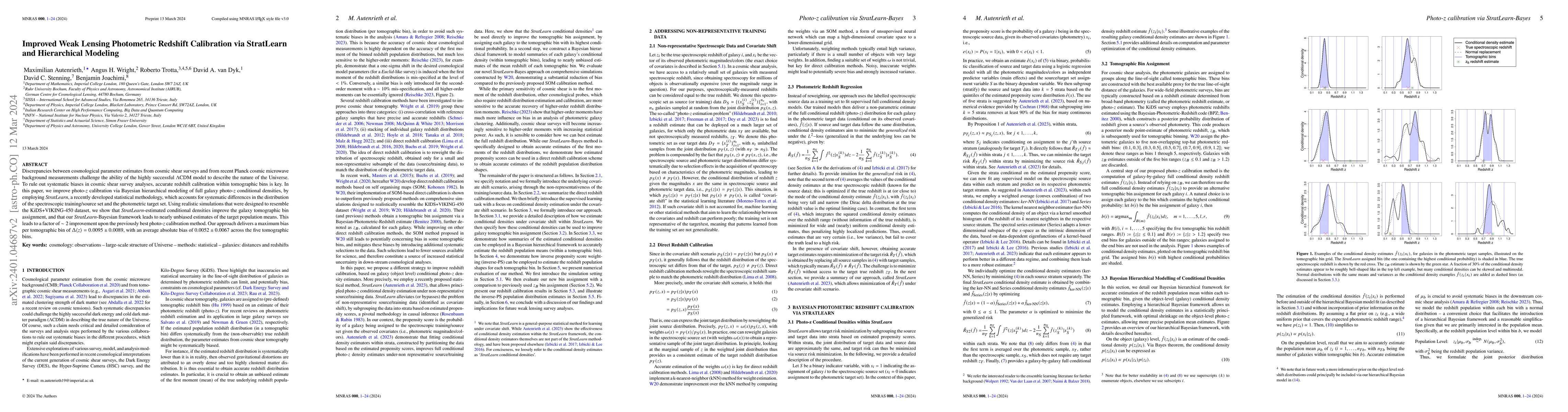 Thumbnail for Improved Weak Lensing Photometric Redshift Calibration via StratLearn
  and Hierarchical Modeling