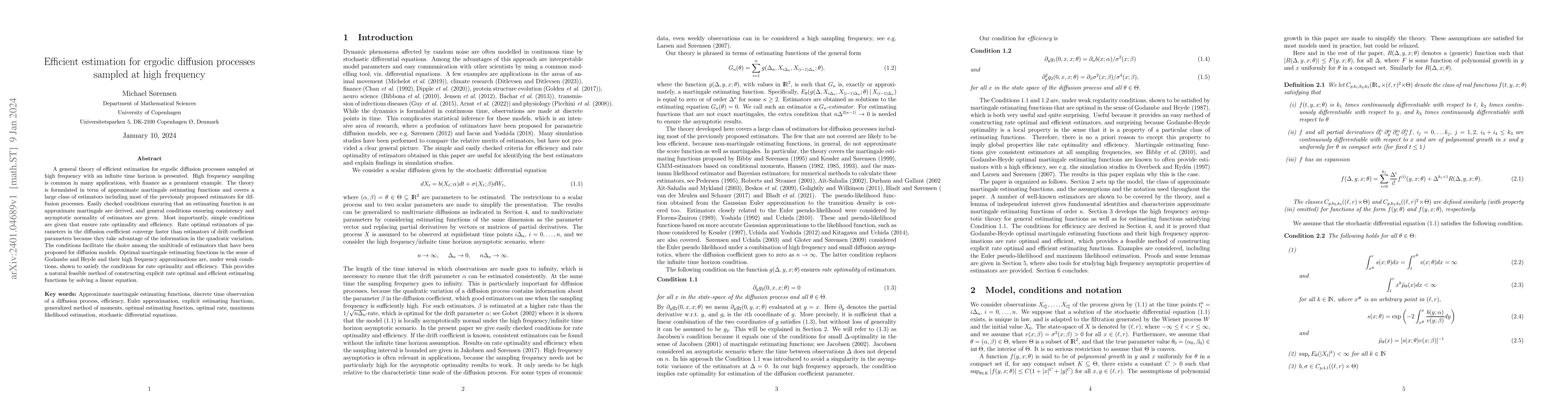 Thumbnail for Efficient estimation for ergodic diffusion processes sampled at high
  frequency