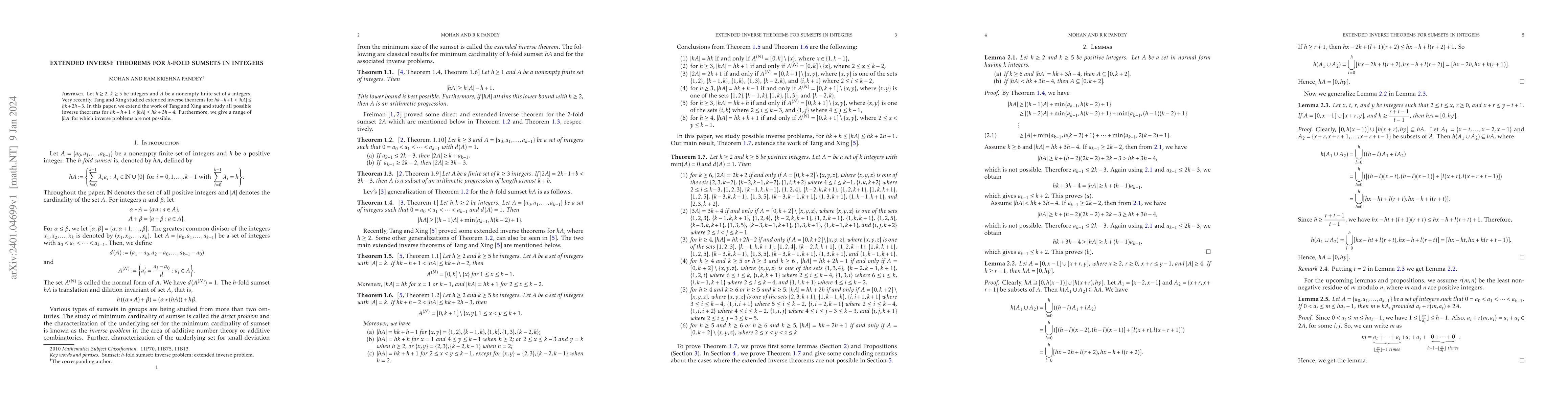 Thumbnail for Extended inverse theorems for $h$-fold sumsets in integers