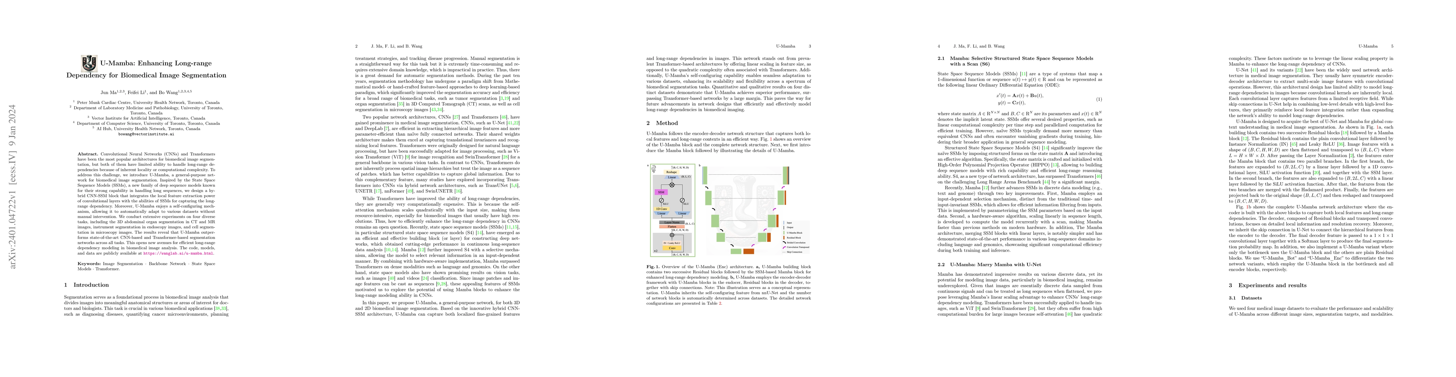 Thumbnail for U-Mamba: Enhancing Long-range Dependency for Biomedical Image
  Segmentation