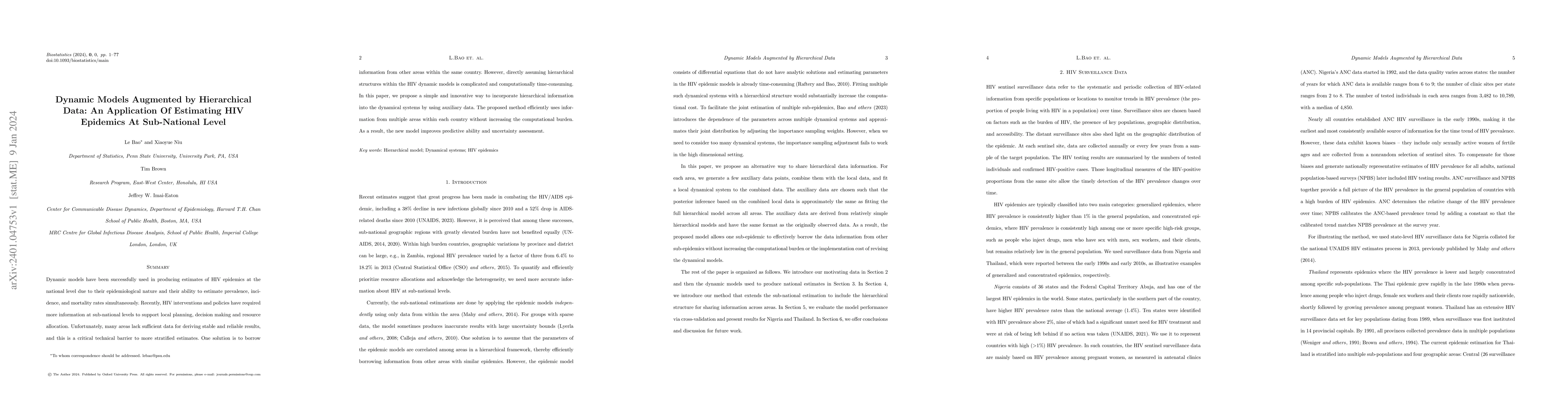 Thumbnail for Dynamic Models Augmented by Hierarchical Data: An Application Of
  Estimating HIV Epidemics At Sub-National And Sub-Population Level