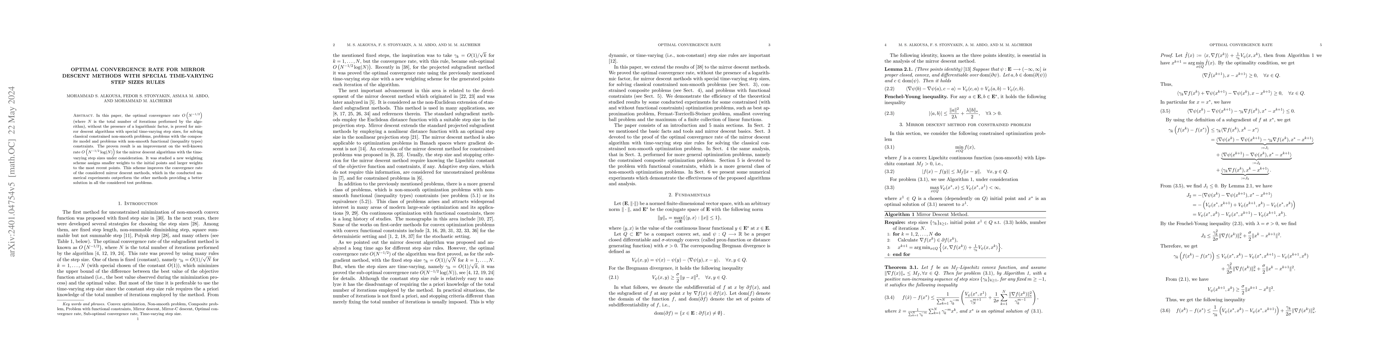 Thumbnail for Optimal Convergence Rate for Mirror Descent Methods with special
  Time-Varying Step Sizes Rules