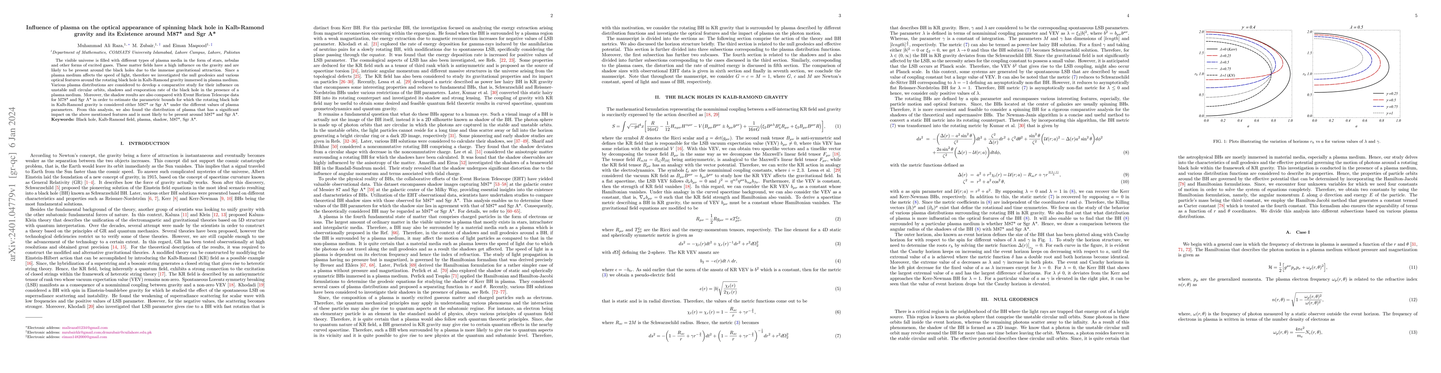 Thumbnail for Influence of plasma on the optical appearance of spinning black hole in
  Kalb-Ramond gravity and its Existence around M87* and Sgr A*