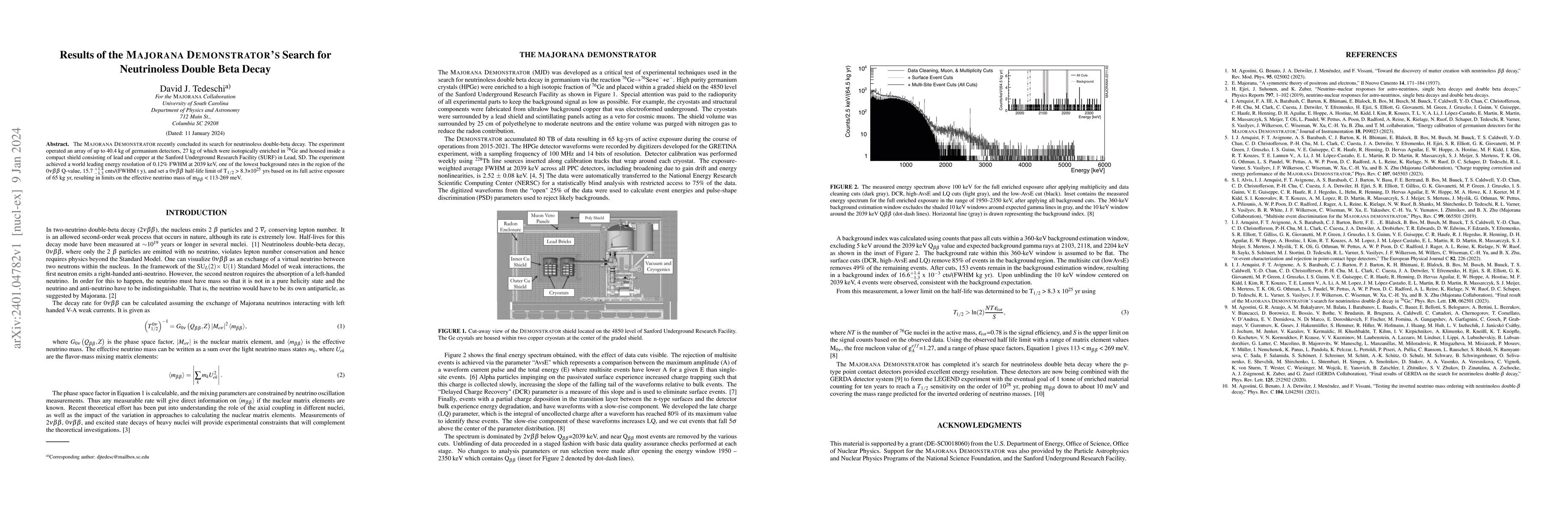 Thumbnail for Results of the MAJORANA DEMONSTRATOR's Search for Neutrinoless Double
  Beta Decay