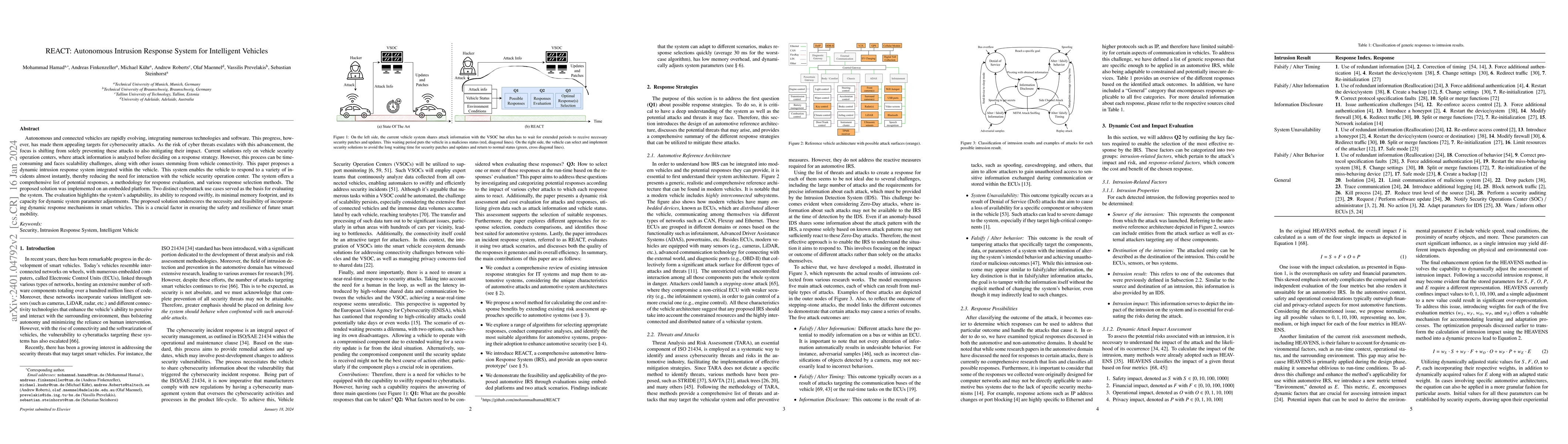 Thumbnail for REACT: Autonomous Intrusion Response System for Intelligent Vehicles