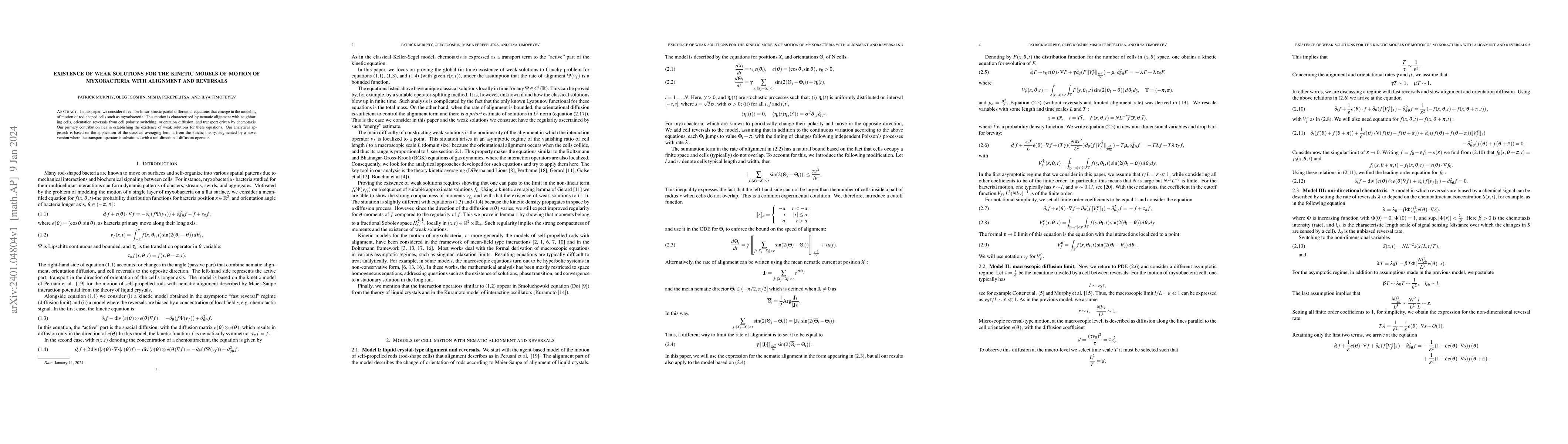 Thumbnail for Existence of weak solutions for the kinetic models of motion of
  myxobacteria with alignment and reversals