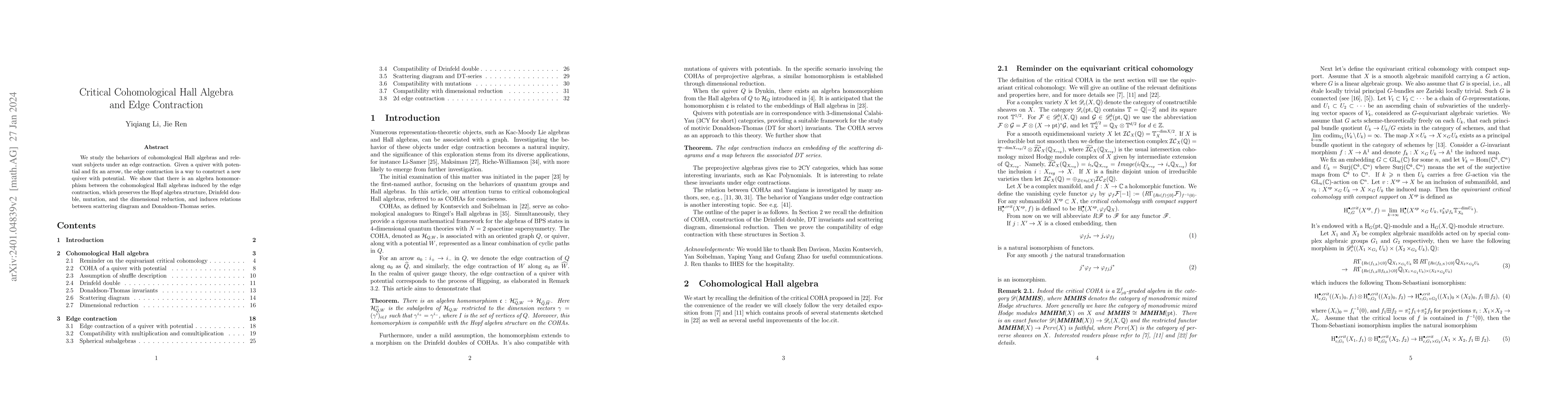 Thumbnail for Critical Cohomological Hall Algebra and Edge Contraction