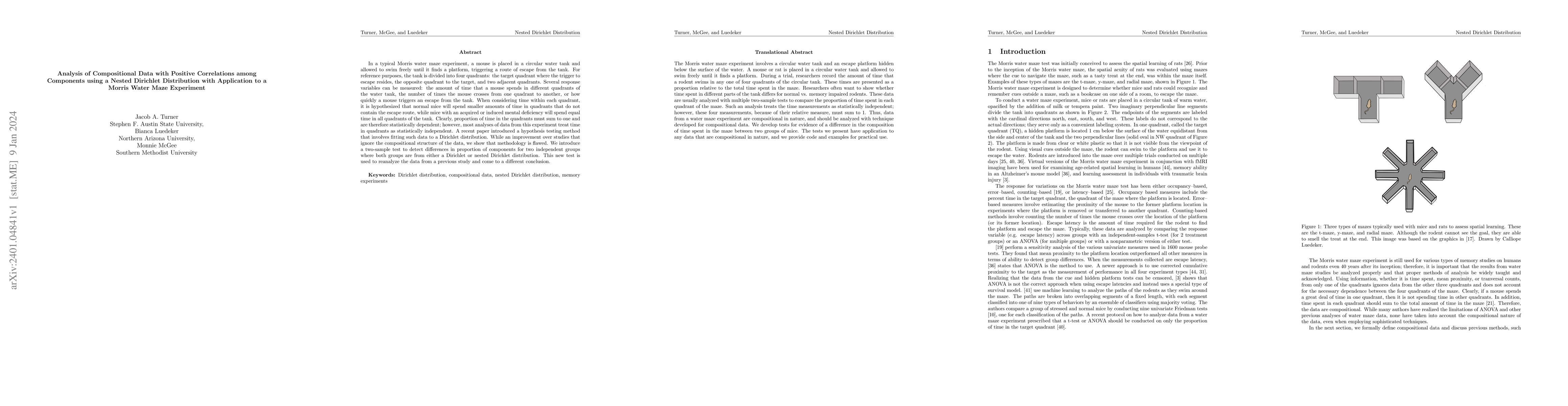 Thumbnail for Analysis of Compositional Data with Positive Correlations among
  Components using a Nested Dirichlet Distribution with Application to a Morris
  Water Maze Experiment