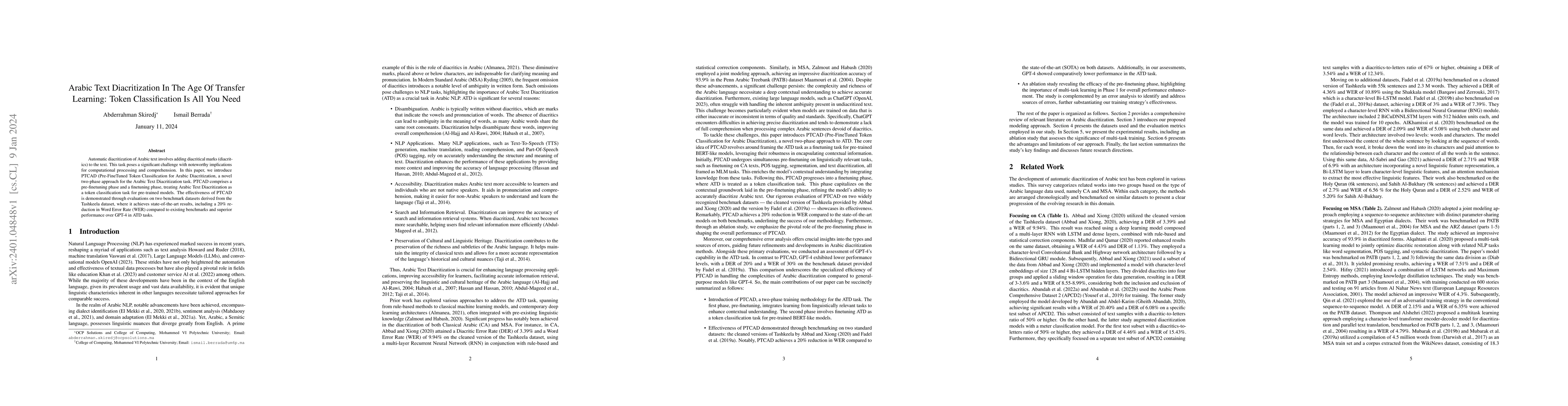 Thumbnail for Arabic Text Diacritization In The Age Of Transfer Learning: Token
  Classification Is All You Need