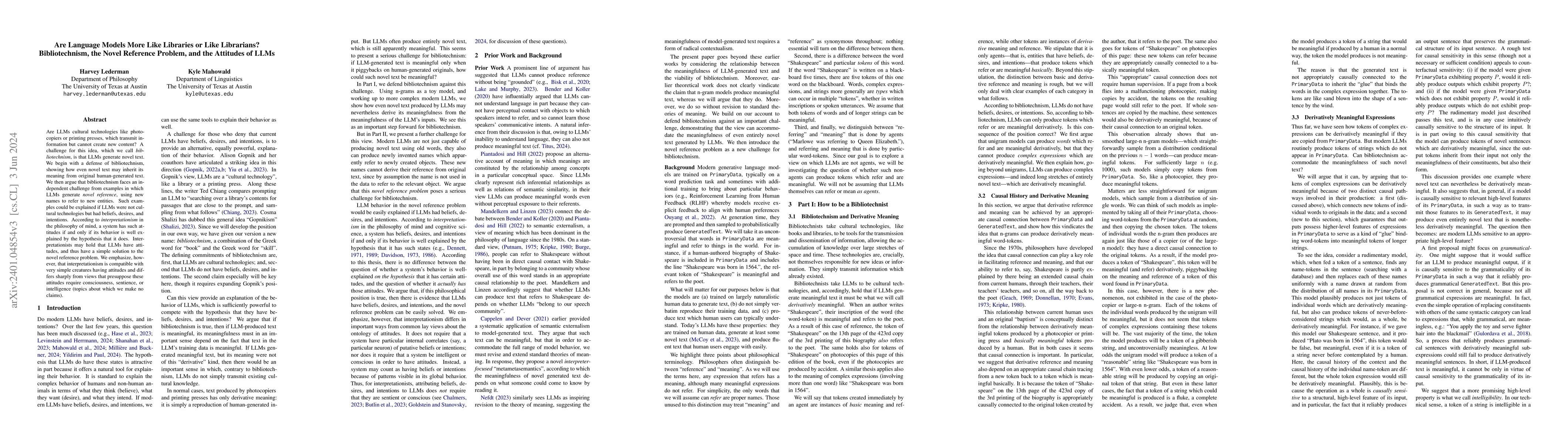 Thumbnail for Are Language Models More Like Libraries or Like Librarians?
  Bibliotechnism, the Novel Reference Problem, and the Attitudes of LLMs