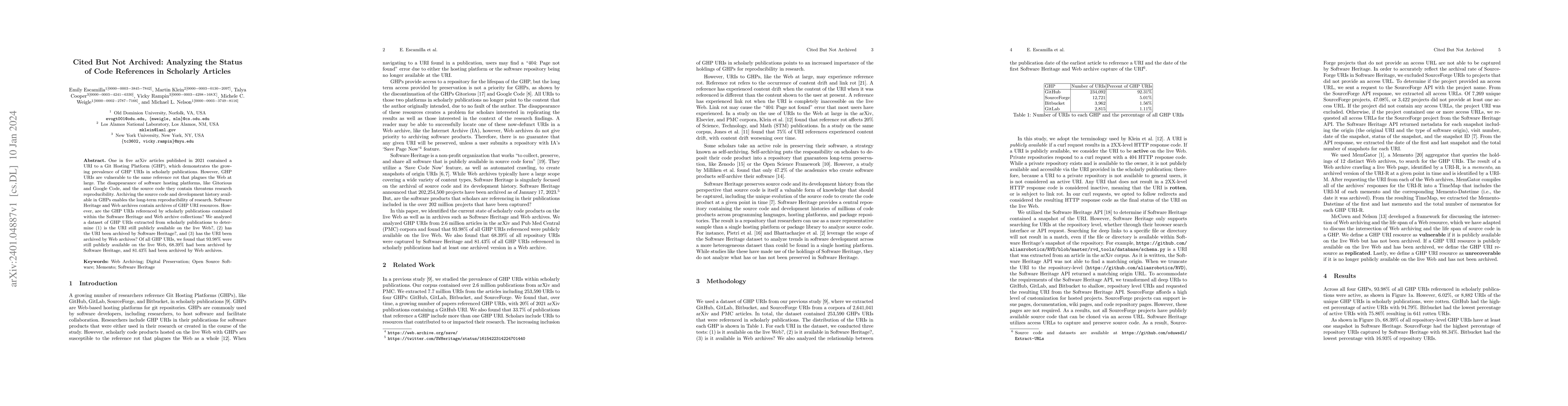 Thumbnail for Cited But Not Archived: Analyzing the Status of Code References in
  Scholarly Articles