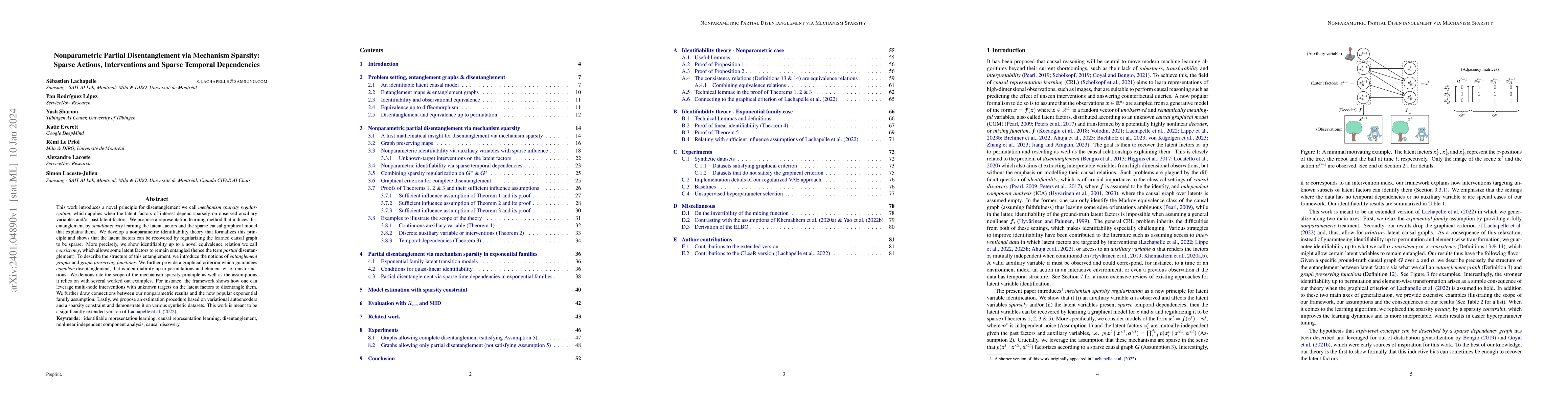 Thumbnail for Nonparametric Partial Disentanglement via Mechanism Sparsity: Sparse
  Actions, Interventions and Sparse Temporal Dependencies