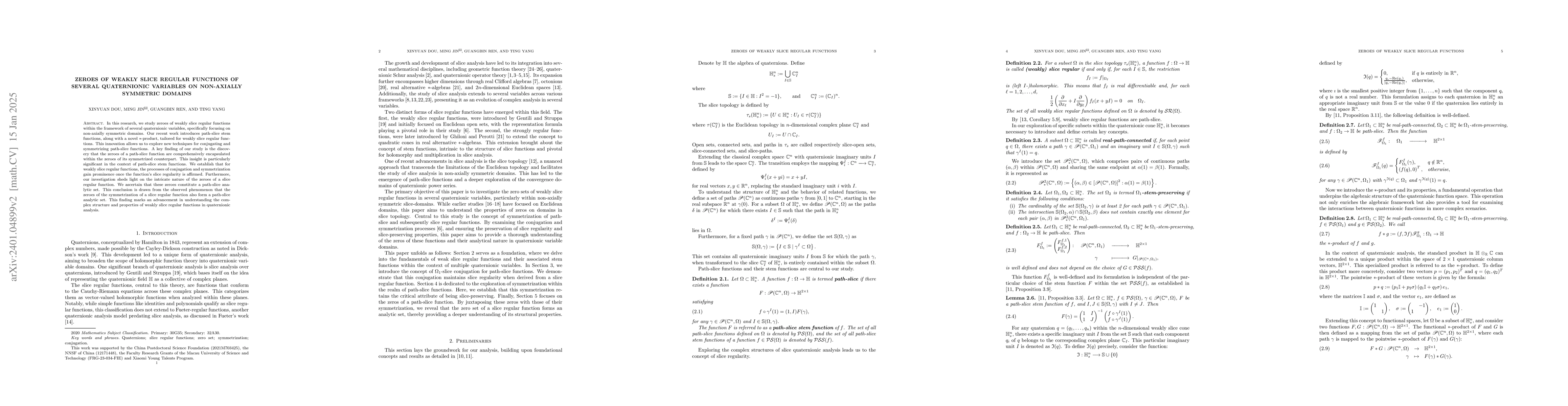 Thumbnail for Zeroes of weakly slice regular functions of several quaternionic
  variables on non-axially symmetric domains