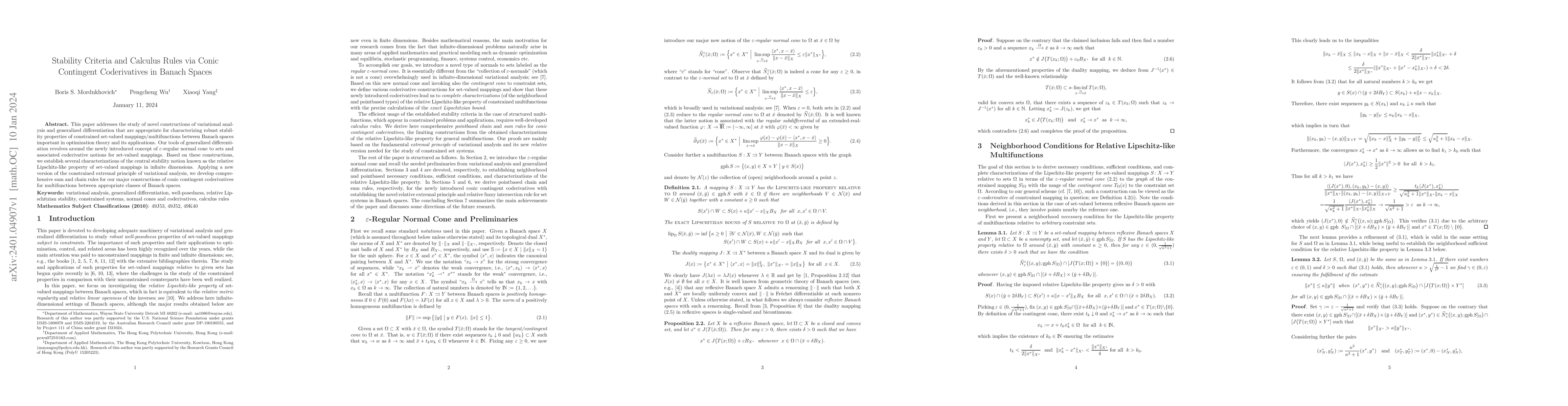 Thumbnail for Stability Criteria and Calculus Rules via Conic Contingent Coderivatives
  in Banach Spaces