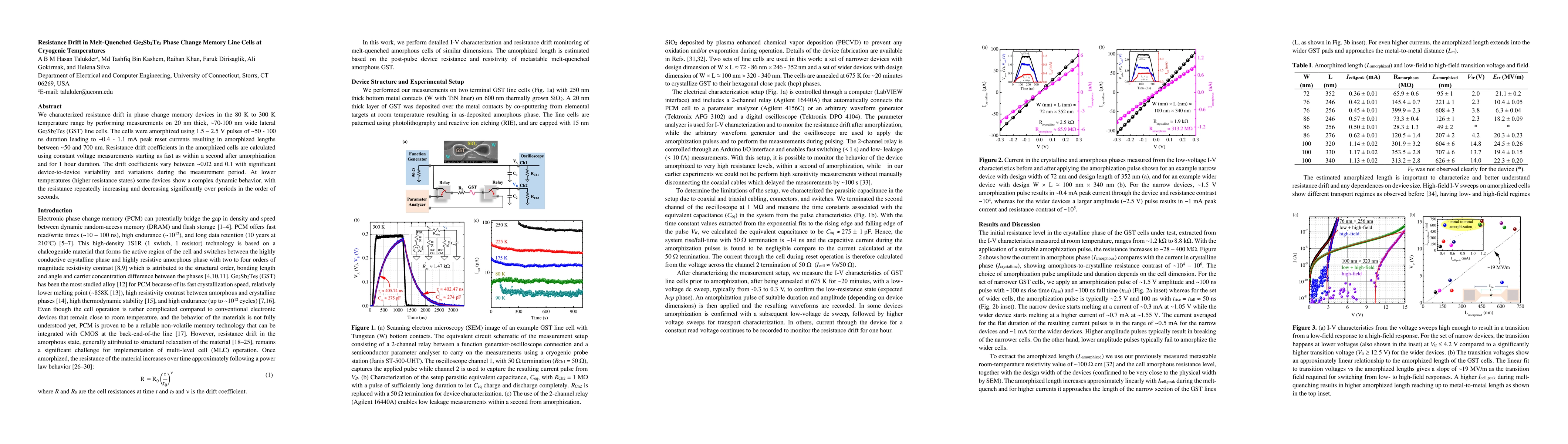 Thumbnail for Resistance Drift in Melt-Quenched Ge2Sb2Te5 Phase Change Memory Line
  Cells at Cryogenic Temperatures