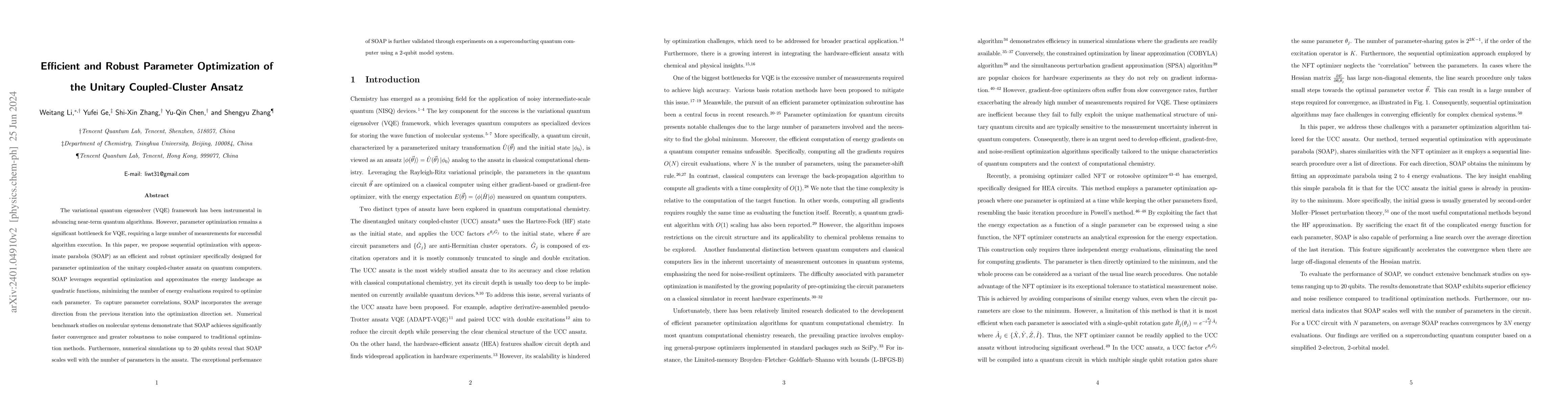 Thumbnail for Efficient and Robust Parameter Optimization of the Unitary
  Coupled-Cluster Ansatz
