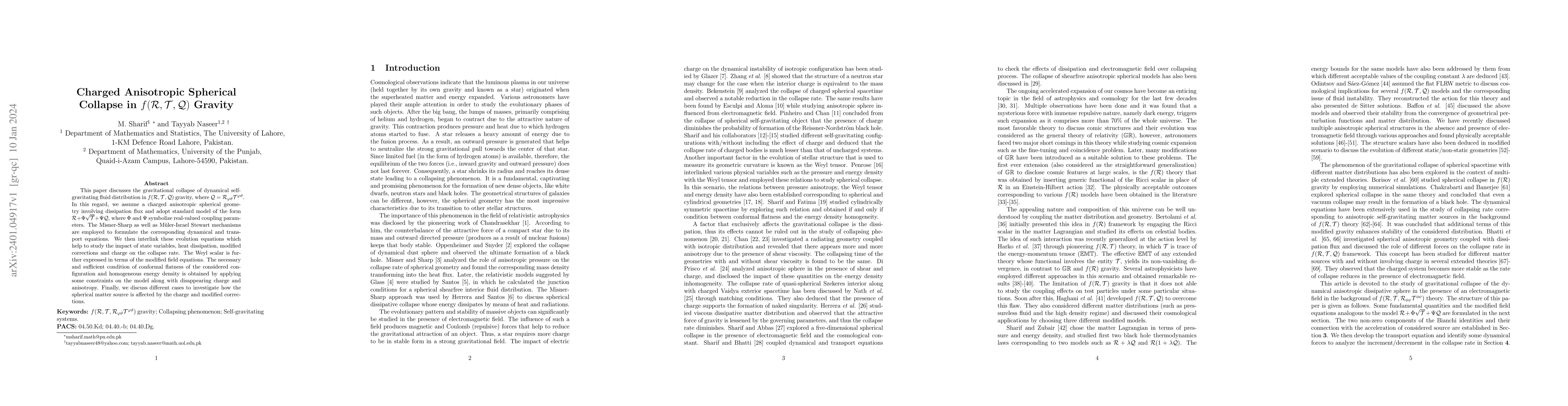 Thumbnail for Charged Anisotropic Spherical Collapse in
  $f(\mathcal{R},\mathcal{T},\mathcal{Q})$ Gravity