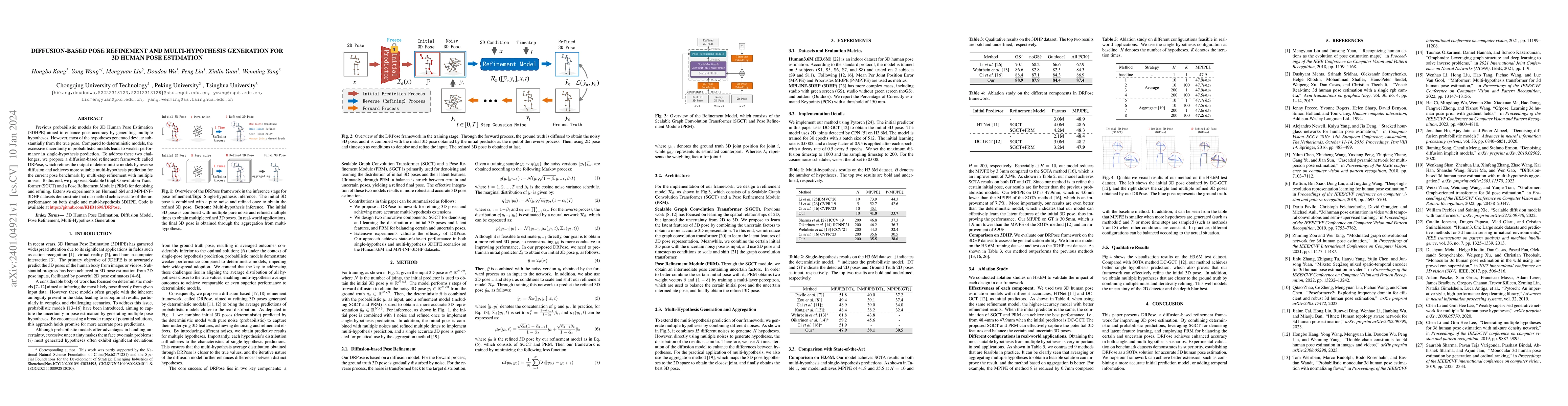 Thumbnail for Diffusion-based Pose Refinement and Muti-hypothesis Generation for 3D
  Human Pose Estimaiton