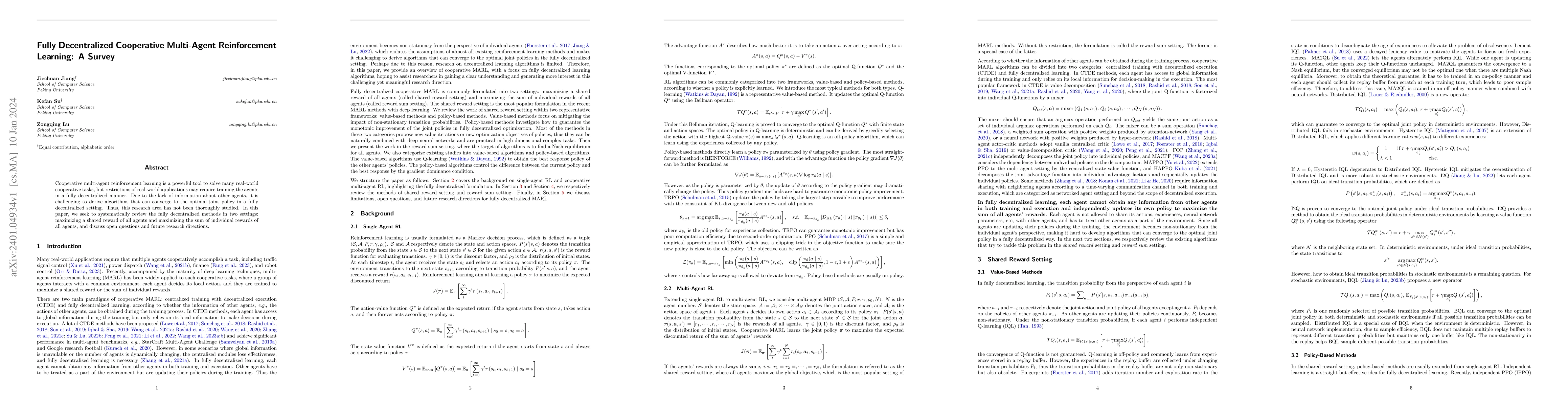 Thumbnail for Fully Decentralized Cooperative Multi-Agent Reinforcement Learning: A
  Survey