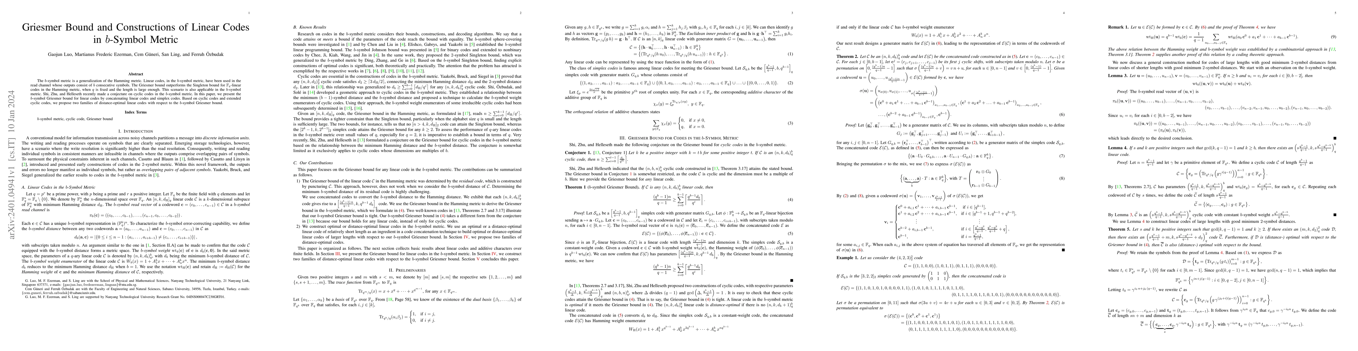 Thumbnail for Griesmer Bound and Constructions of Linear Codes in $b$-Symbol Metric