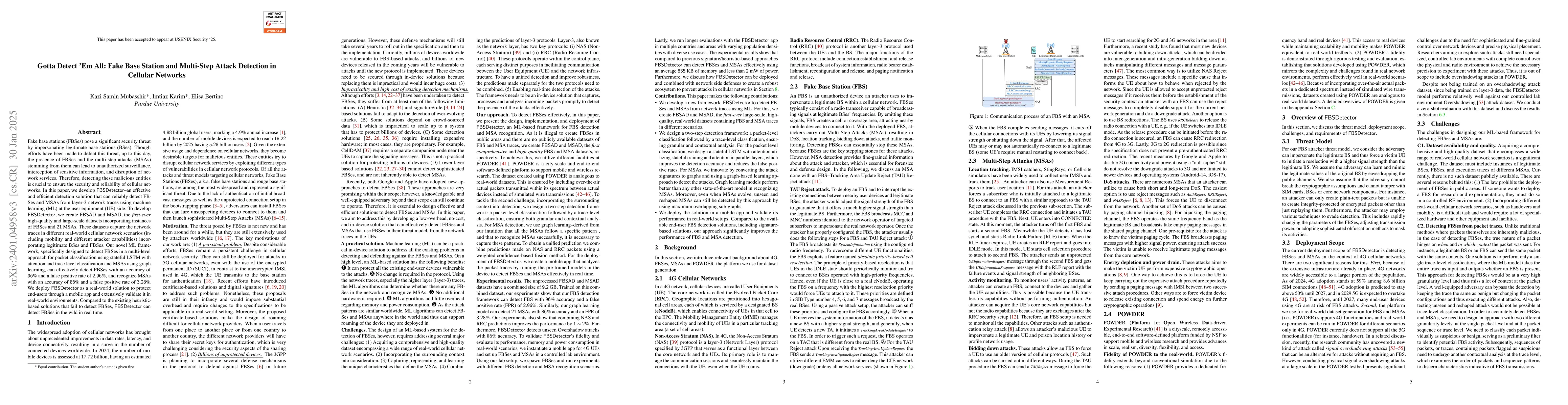 Thumbnail for FBSDetector: Fake Base Station and Multi Step Attack Detection in
  Cellular Networks using Machine Learning
