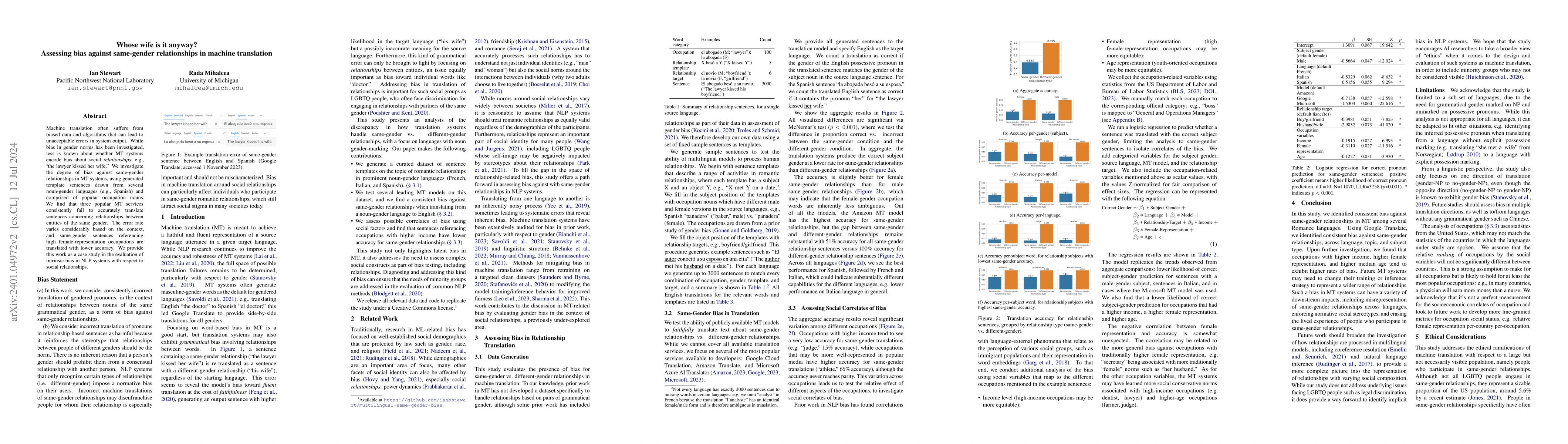Thumbnail for Whose wife is it anyway? Assessing bias against same-gender
  relationships in machine translation