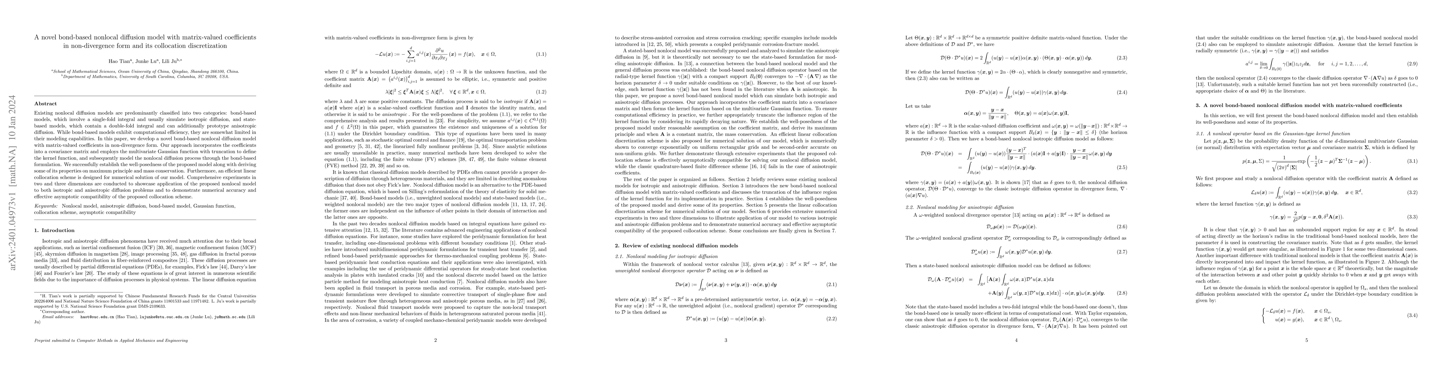 Thumbnail for A novel bond-based nonlocal diffusion model with matrix-valued
  coefficients in non-divergence form and its collocation discretization