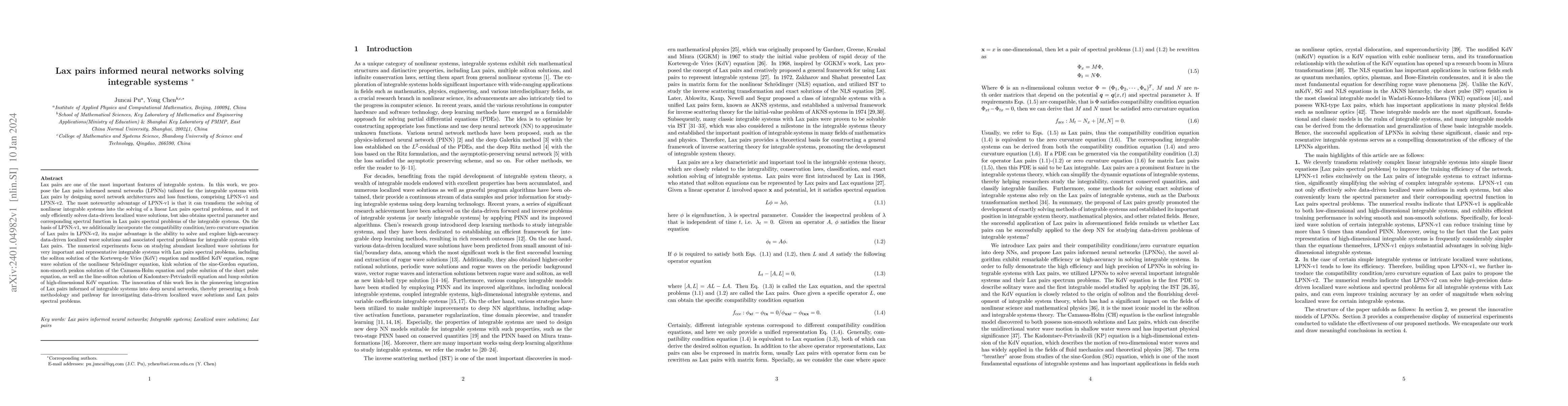 Thumbnail for Lax pairs informed neural networks solving integrable systems