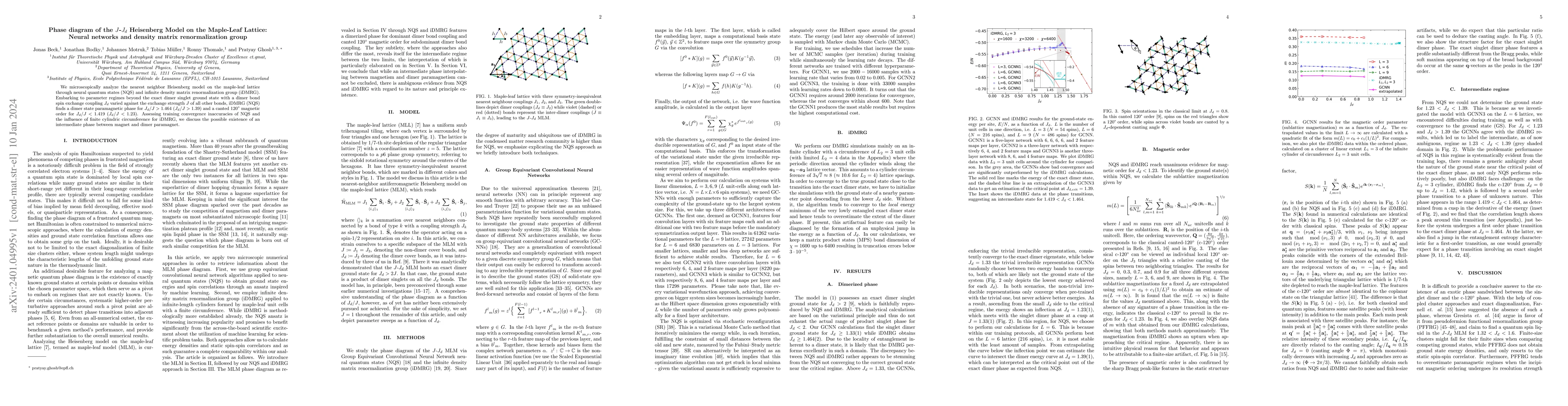 Thumbnail for Phase diagram of the $J$-$J_d$ Heisenberg Model on the Maple-Leaf
  Lattice: Neural networks and density matrix renormalization group