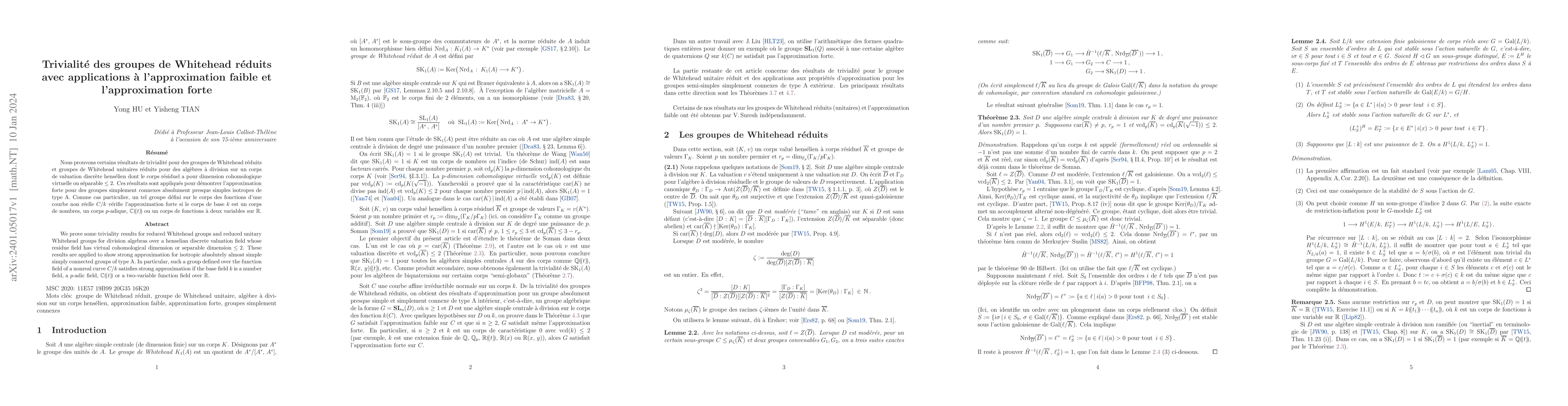 Thumbnail for Trivialit\'e des groupes de Whitehead r\'eduits avec applications \`a
  l'approximation faible et l'approximation forte