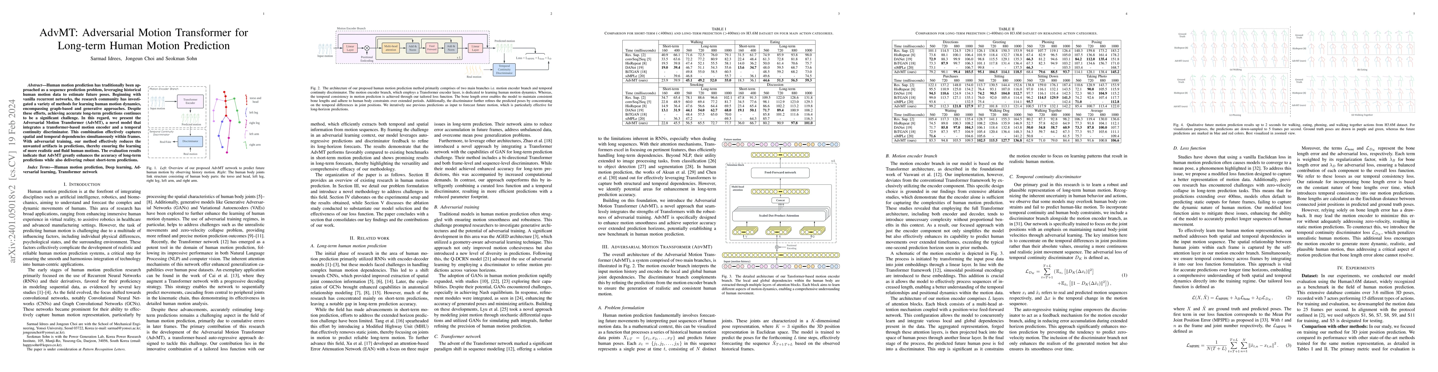 Thumbnail for AdvMT: Adversarial Motion Transformer for Long-term Human Motion
  Prediction