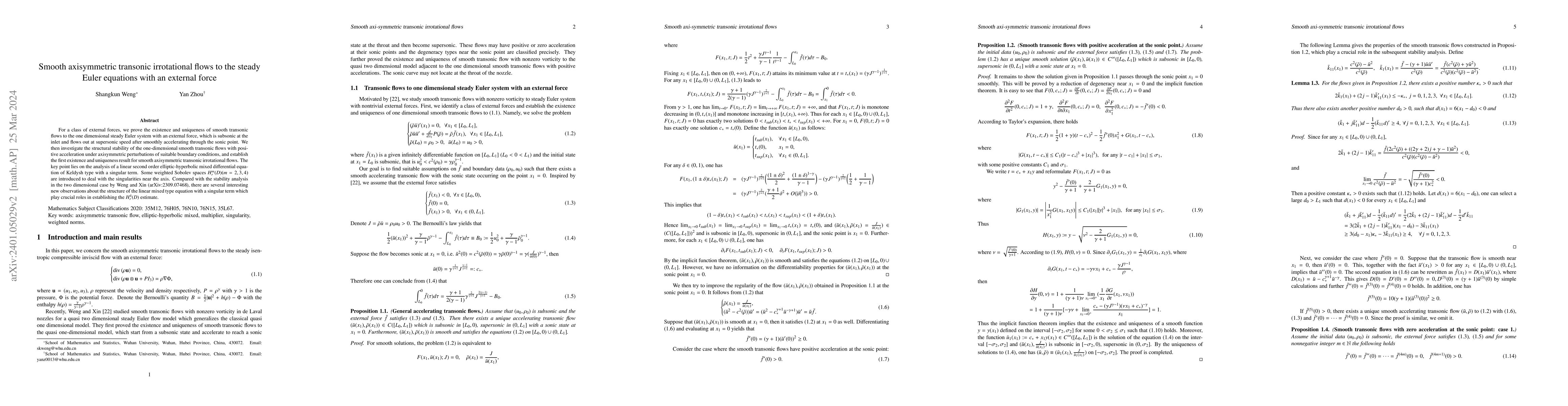 Thumbnail for Smooth axisymmetric transonic irrotational flows to the steady Euler
  equations with an external force