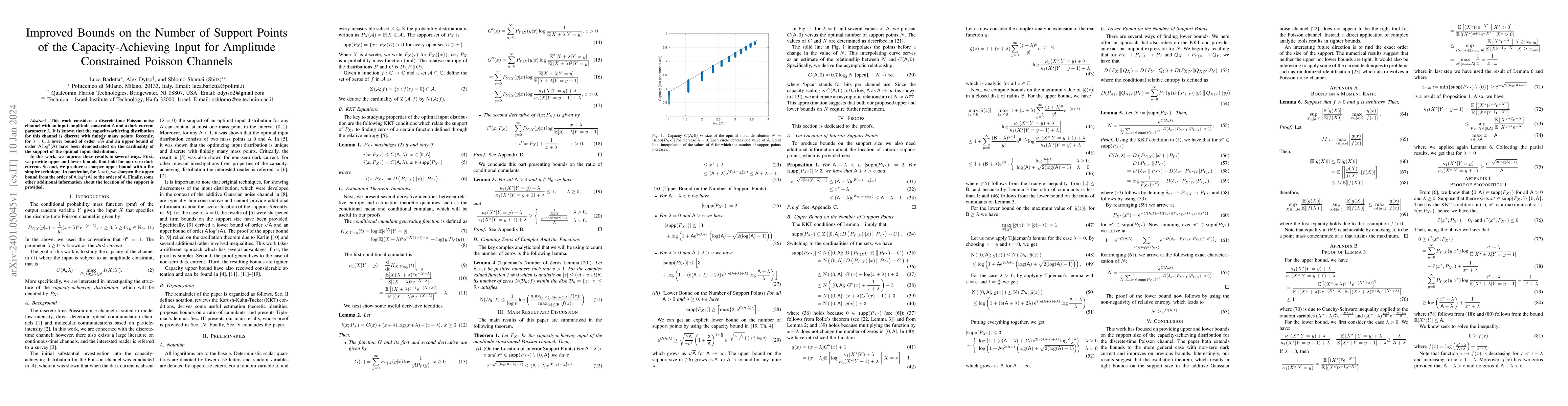 Thumbnail for Improved Bounds on the Number of Support Points of the
  Capacity-Achieving Input for Amplitude Constrained Poisson Channels