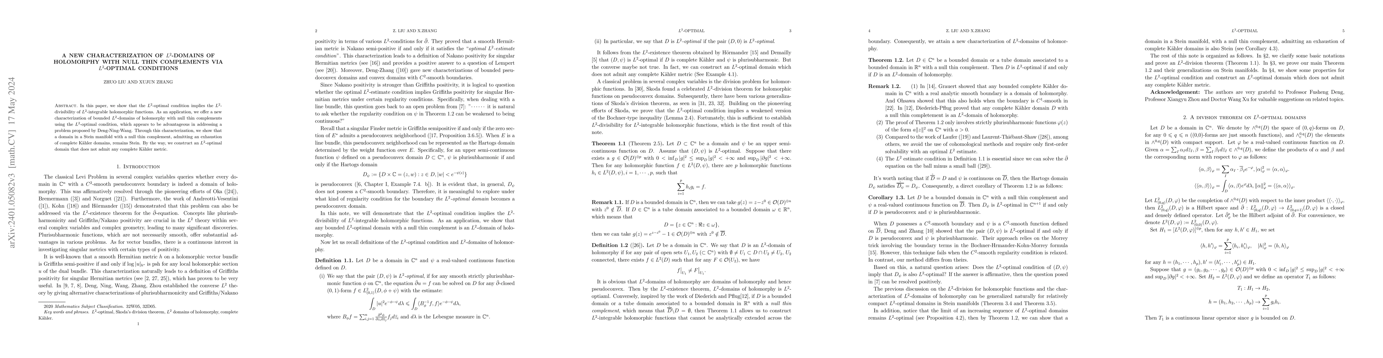 Thumbnail for A new characterization of $L^2$-domains of holomorphy with null thin
  complements via $L^2$-optimal conditions