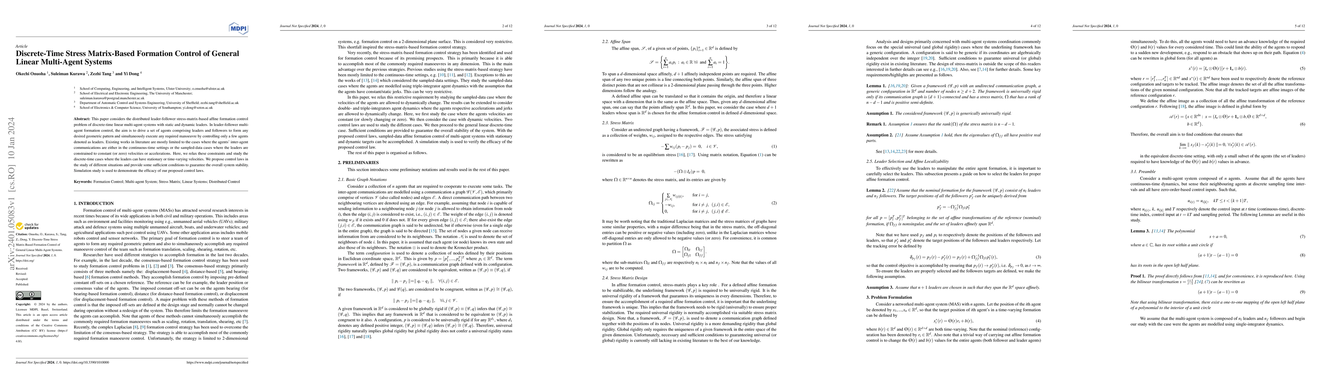 Thumbnail for Discrete-Time Stress Matrix-Based Formation Control of General Linear
  Multi-Agent Systems