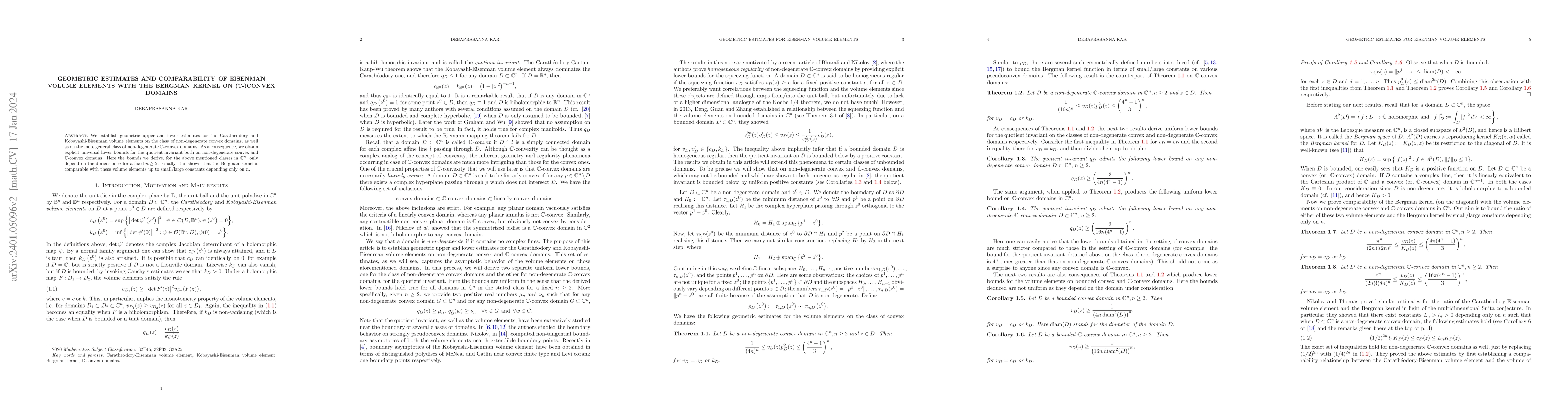 Thumbnail for Geometric estimates and comparability of Eisenman volume elements with
  the Bergman kernel on (C-)convex domains