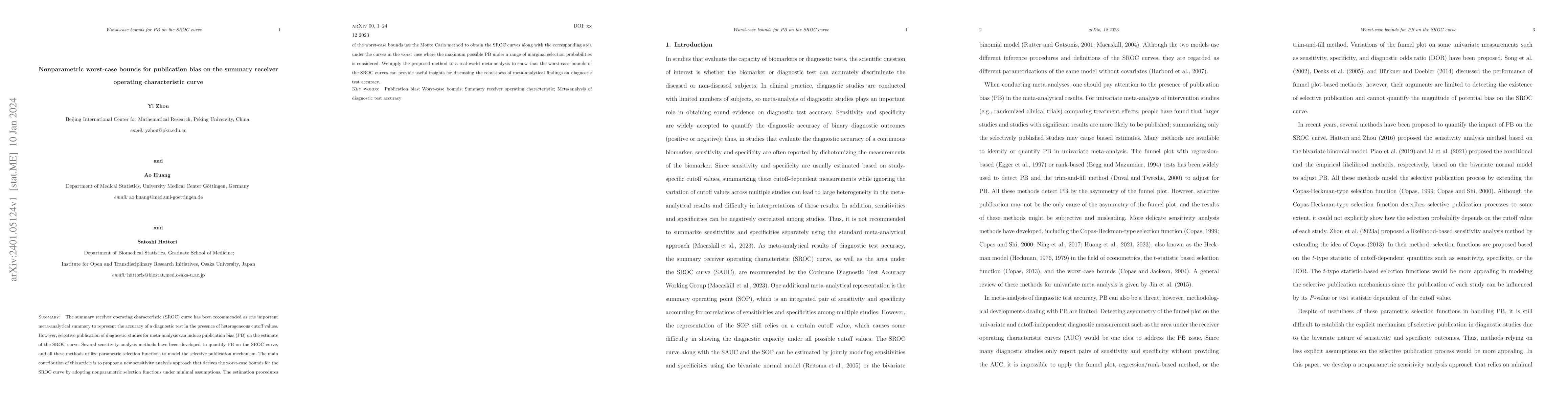 Thumbnail for Nonparametric worst-case bounds for publication bias on the summary
  receiver operating characteristic curve