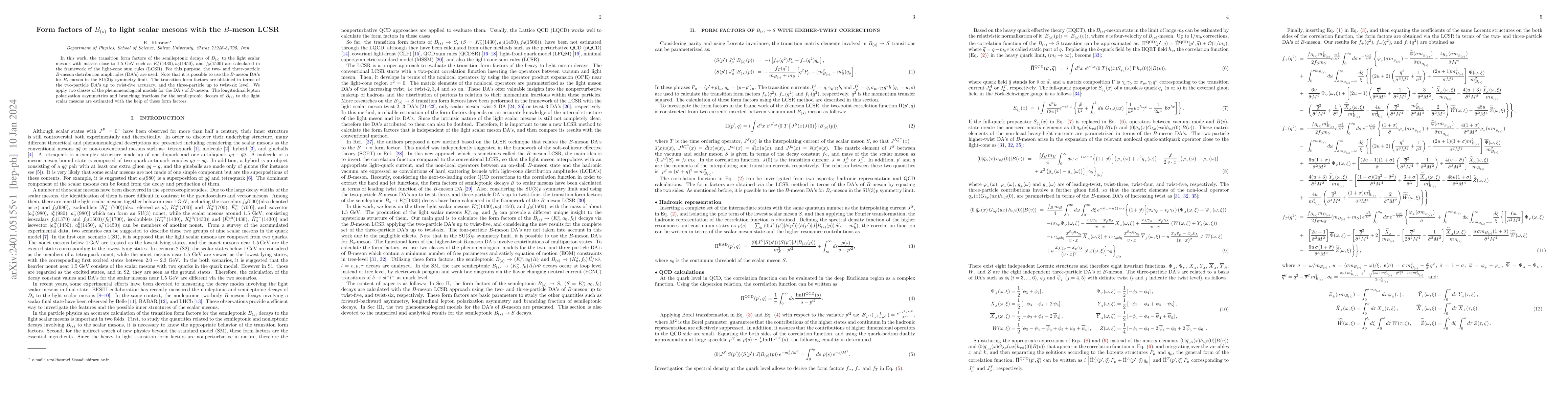 Thumbnail for Form factors of $B_{(s)}$ to light scalar mesons with the $B$-meson LCSR