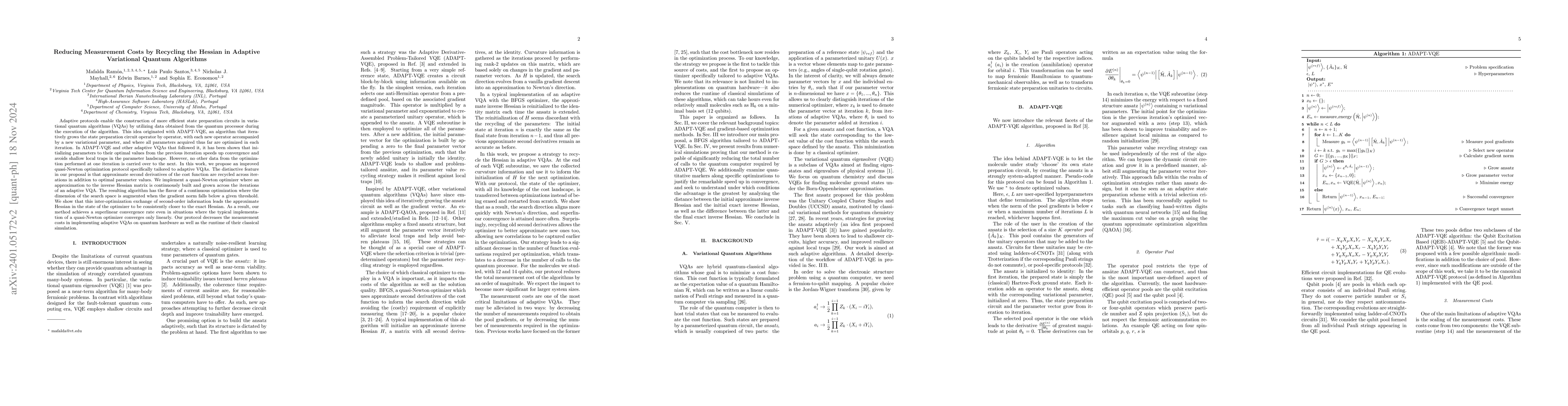 Thumbnail for Reducing measurement costs by recycling the Hessian in adaptive
  variational quantum algorithms