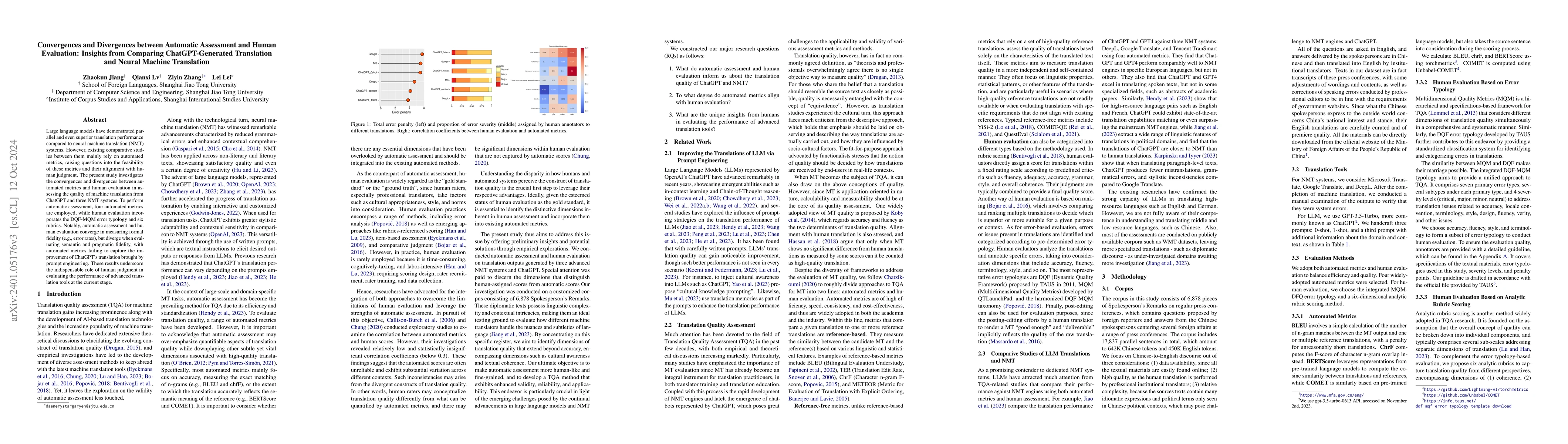 Thumbnail for Convergences and Divergences between Automatic Assessment and Human
  Evaluation: Insights from Comparing ChatGPT-Generated Translation and Neural
  Machine Translation