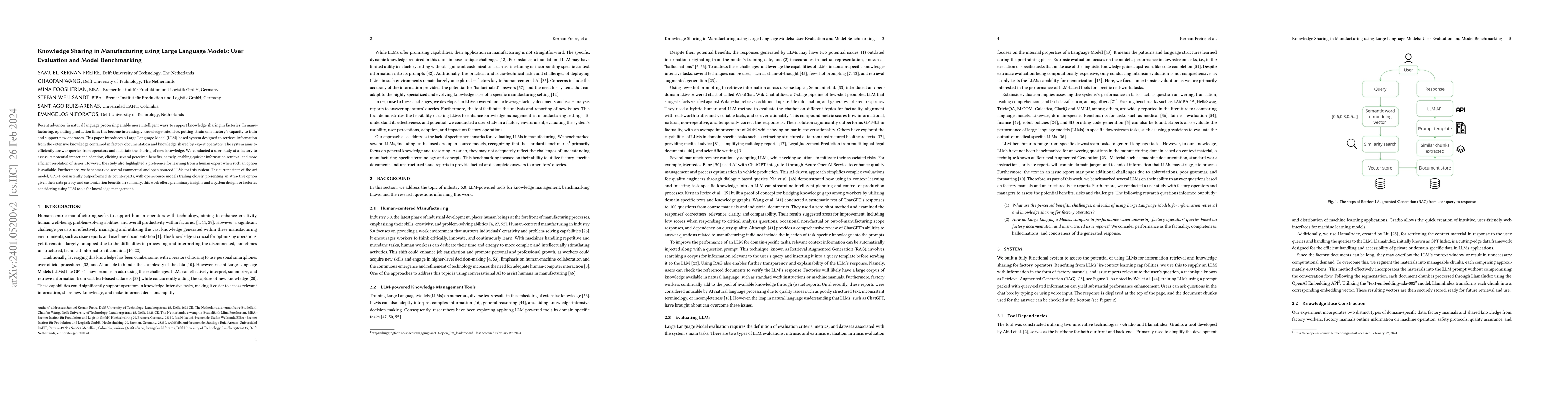 Thumbnail for Knowledge Sharing in Manufacturing using Large Language Models: User
  Evaluation and Model Benchmarking