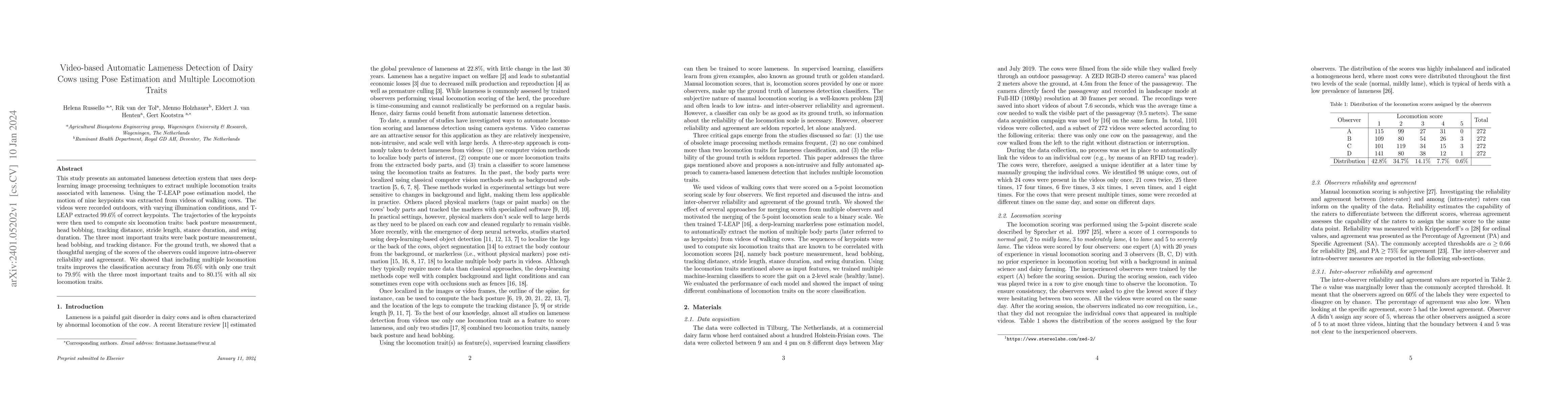 Thumbnail for Video-based Automatic Lameness Detection of Dairy Cows using Pose
  Estimation and Multiple Locomotion Traits